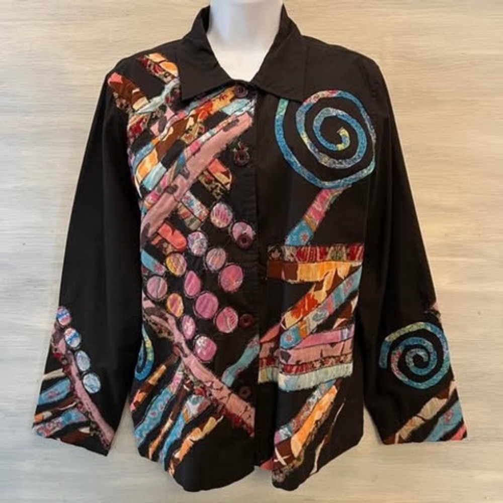 Vintage Life Style 100% Cotton Abstract Patchwork Button Down Jacket Large GC